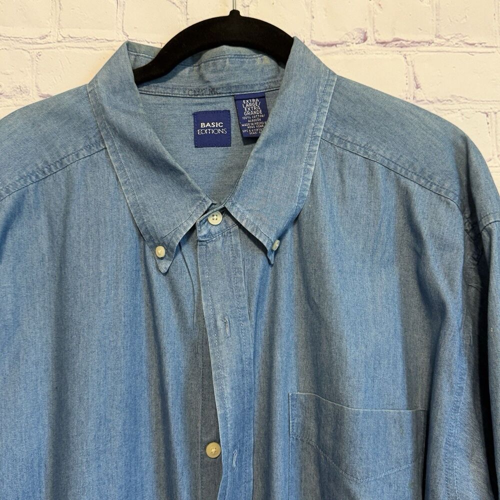 Vintage Basic Editions Chambray Button Front Up Shirt Long Sleeve Mens Size XL